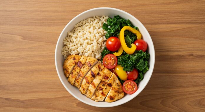 Um prato equilibrado com frango grelhado, arroz integral e legumes coloridos, representando uma refeição saudável para jogadores de futebol.