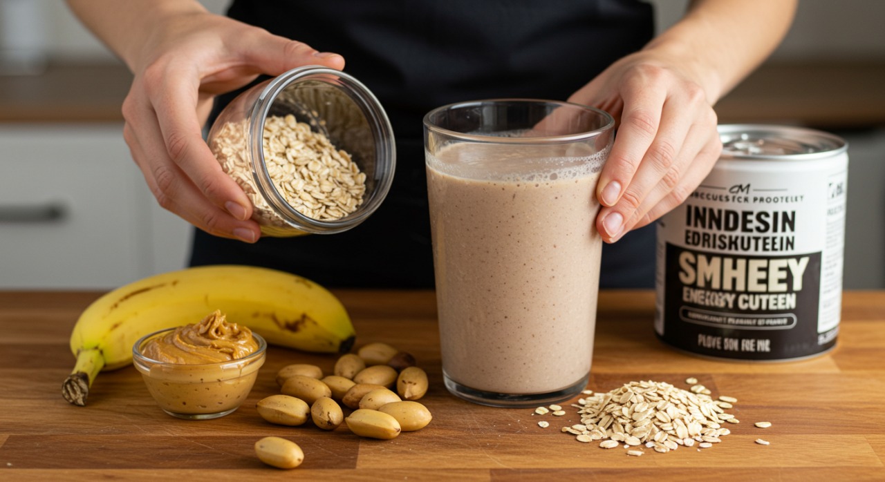 Uma pessoa preparando um shake energético com banana, whey protein, pasta de amendoim e aveia.
