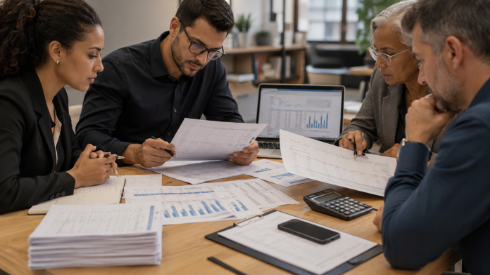 Equipe técnica do sindicato analisa contracheques e documentos financeiros de servidores públicos para identificar descontos indevidos, inconsistências salariais e outras irregularidades em ambiente de escritório.