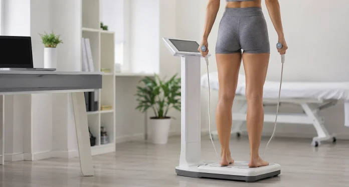 Mulher realizando exame de bioimpedância em clínica moderna para avaliação da composição corporal, metabolismo e saúde, utilizando equipamento profissional em ambiente médico iluminado.