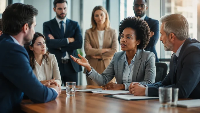 Grupo de servidores públicos reunidos em uma mesa de reunião com representantes sindicais, discutindo interesses coletivos e direitos da categoria em um ambiente corporativo moderno.