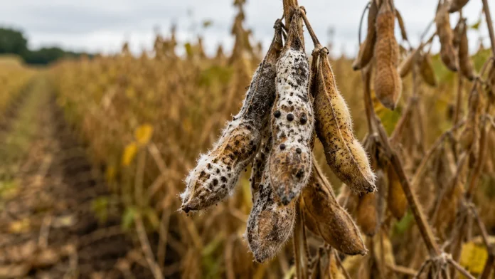 Vagens de soja com sinais de fungos penduradas em uma plantação.