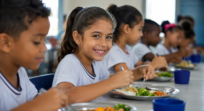 Crianças realizando uma refeição balanceada em refeitório escolar, com alimentos saudáveis servidos em ambiente limpo e organizado, representando segurança alimentar e alimentação coletiva nas escolas.