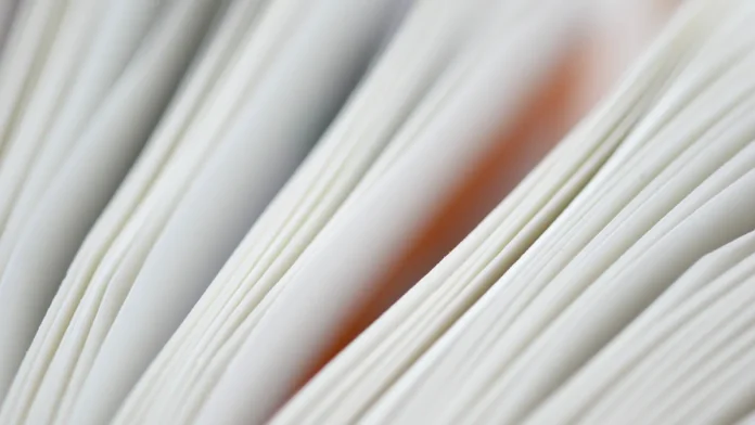 Detalhe das folhas brancas de um livro abertas em leque